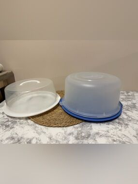 Plastic Cake Carrier with Blue Base and Frosted Lid